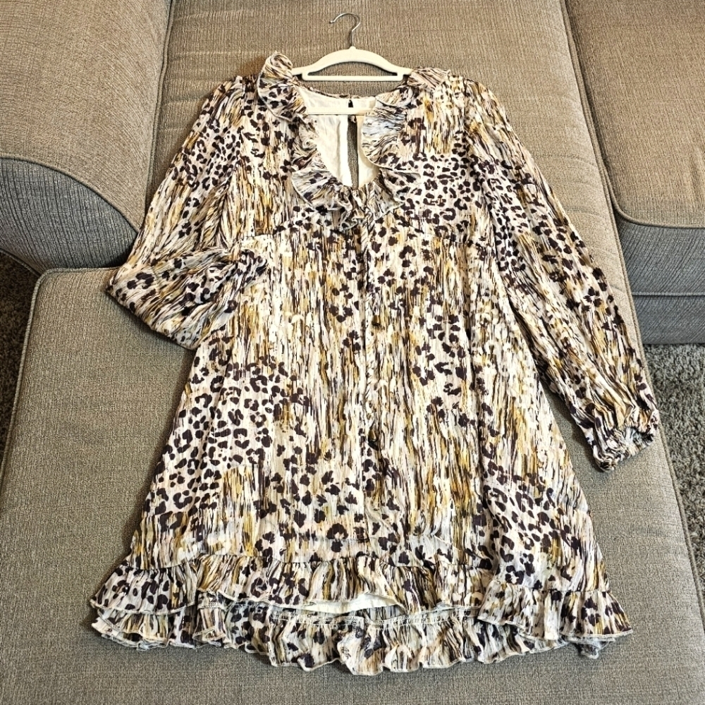 By Together Animal Cheetah Print Gold Boho Ruffle Accent Lined Dress Size Medium